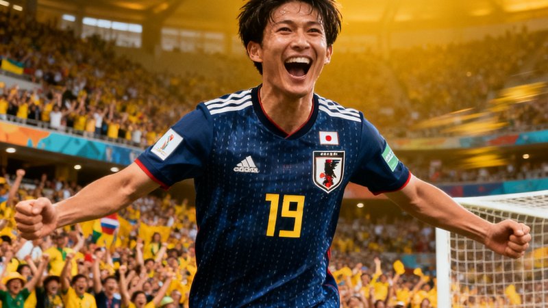 三笘薫在日本队4-1大胜澳大利亚比赛中梅开二度的视频封面，他庆祝进球时双臂张开的激动瞬间，背景是欢呼的球迷看台